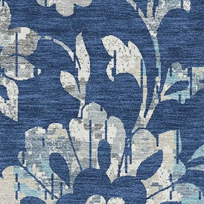 Navy Blue And Silver Floral Washable Area Rug With UV Protection Photo 3