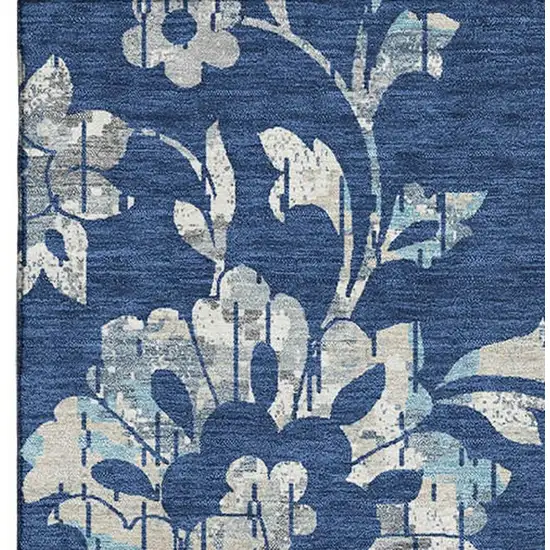 Navy Blue And Silver Floral Washable Area Rug With UV Protection Photo 4