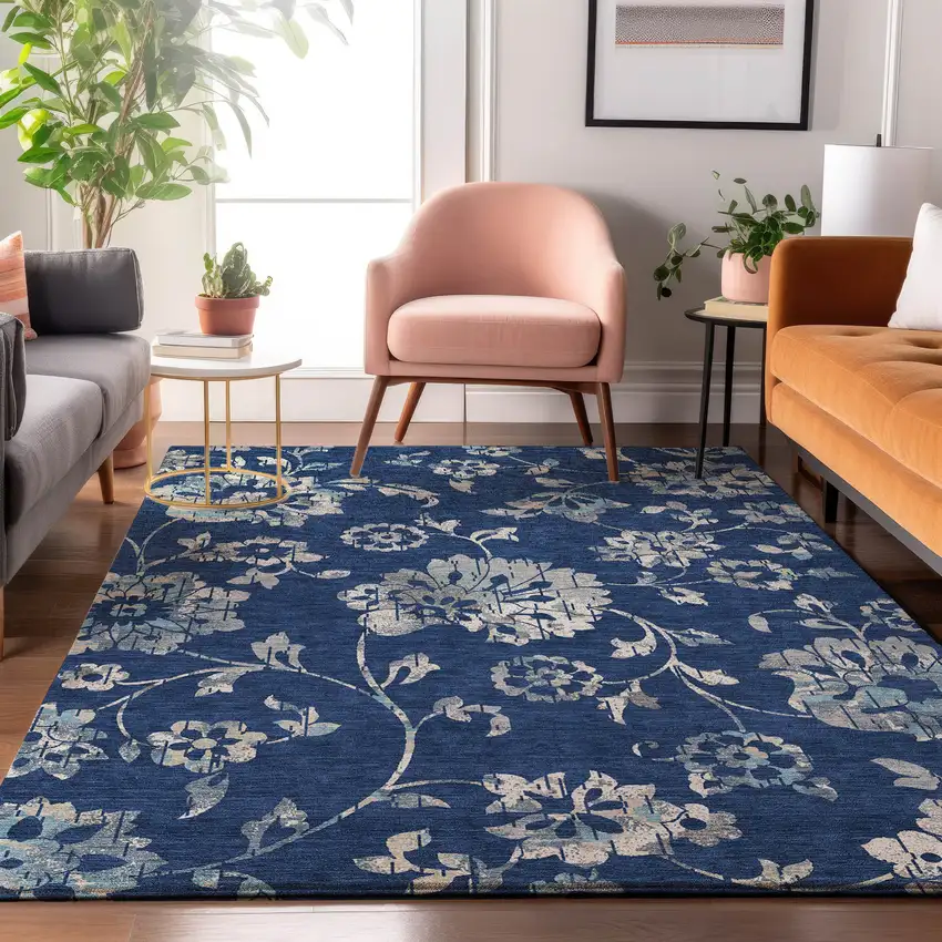 Navy Blue And Silver Floral Washable Area Rug With UV Protection Photo 5