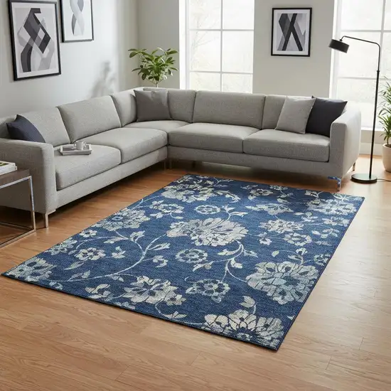 Navy Blue And Silver Floral Washable Area Rug With UV Protection Photo 2