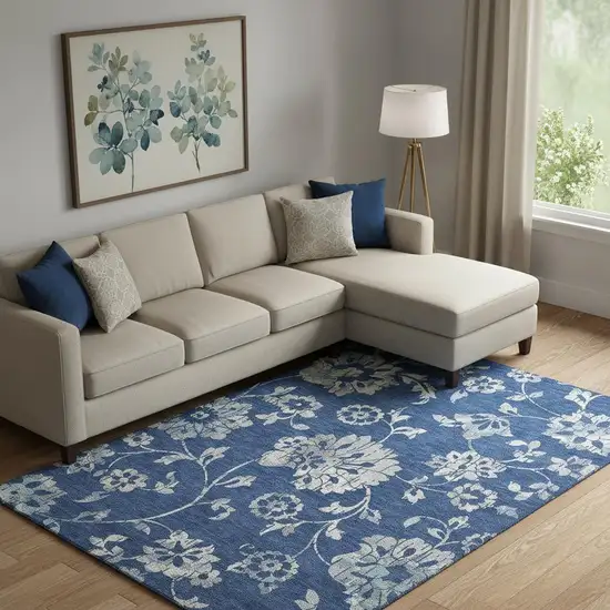 Navy Blue And Silver Floral Washable Area Rug With UV Protection Photo 1