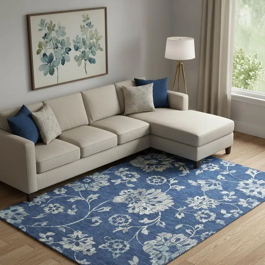 Navy Blue And Silver Floral Washable Area Rug With UV Protection Photo 1