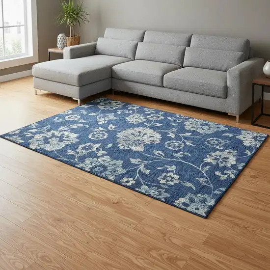 Navy Blue And Silver Floral Washable Area Rug With UV Protection Photo 2