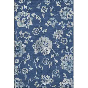 Photo of Navy Blue And Silver Floral Washable Area Rug With UV Protection