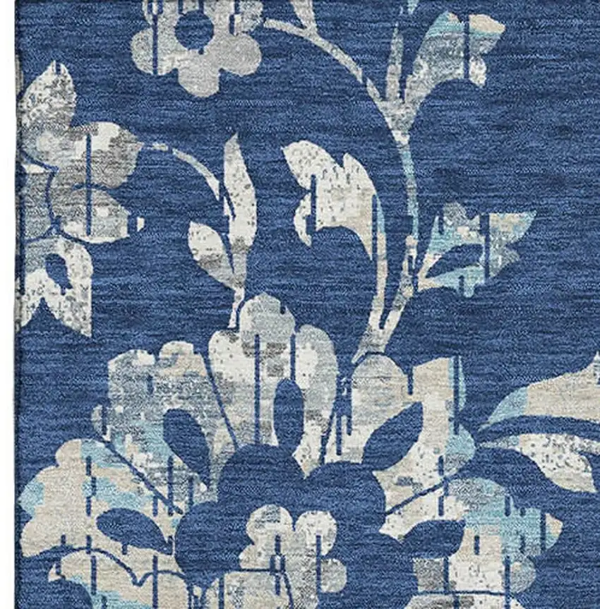 Navy Blue And Silver Floral Washable Area Rug With UV Protection Photo 3
