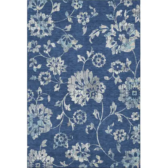 Navy Blue And Silver Floral Washable Area Rug With UV Protection Photo 4