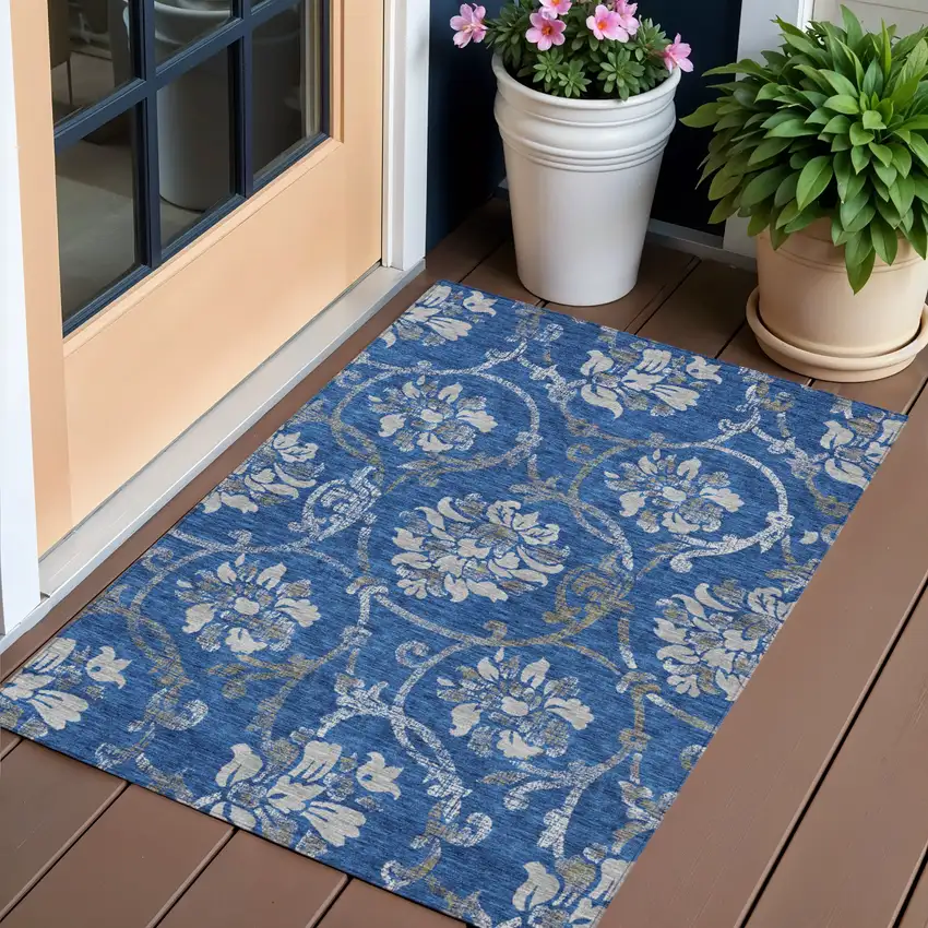 Navy Blue And Silver Floral Washable Indoor Outdoor Area Rug Photo 1