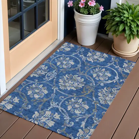 Navy Blue And Silver Floral Washable Indoor Outdoor Area Rug Photo 1