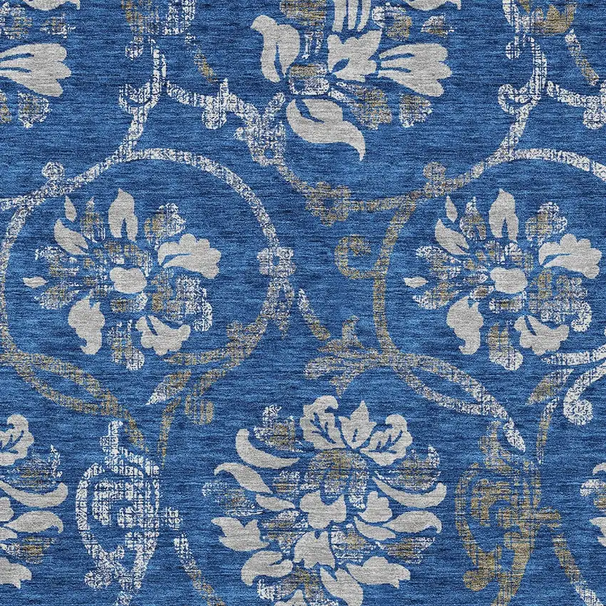 Navy Blue And Silver Floral Washable Indoor Outdoor Area Rug Photo 5