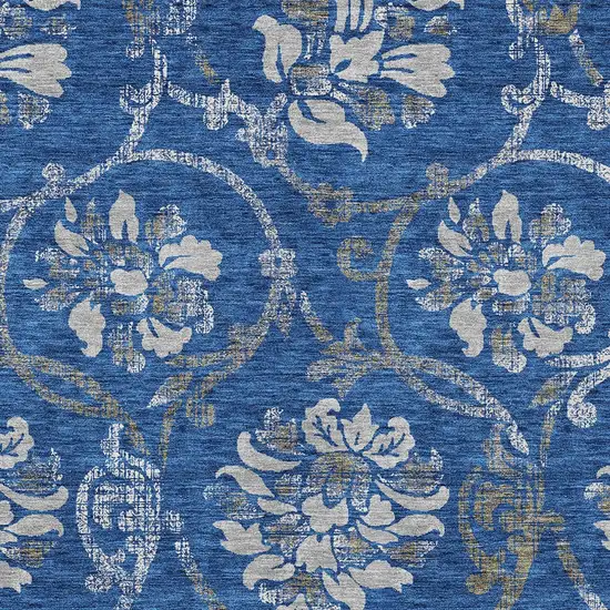 Navy Blue And Silver Floral Washable Indoor Outdoor Area Rug Photo 5