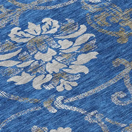 Navy Blue And Silver Floral Washable Indoor Outdoor Area Rug Photo 6