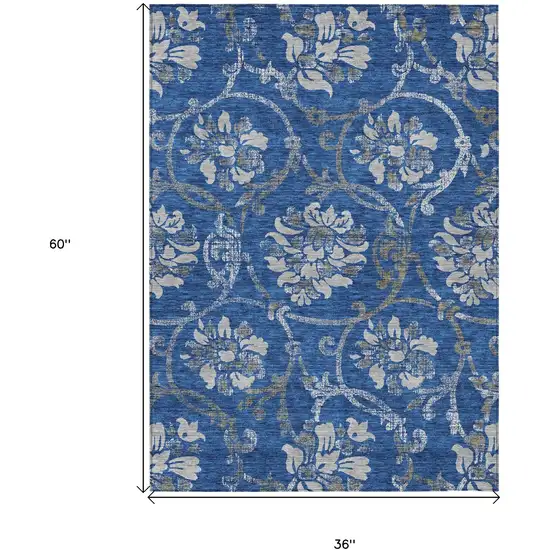 Navy Blue And Silver Floral Washable Indoor Outdoor Area Rug Photo 8