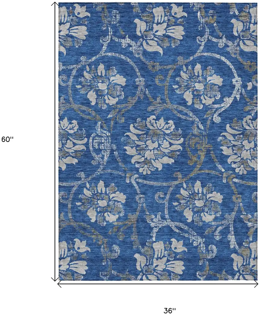 Navy Blue And Silver Floral Washable Indoor Outdoor Area Rug Photo 8