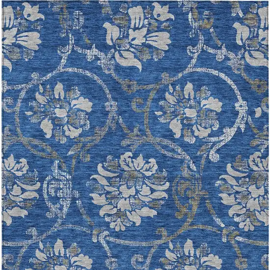 Navy Blue And Silver Floral Washable Indoor Outdoor Area Rug Photo 7