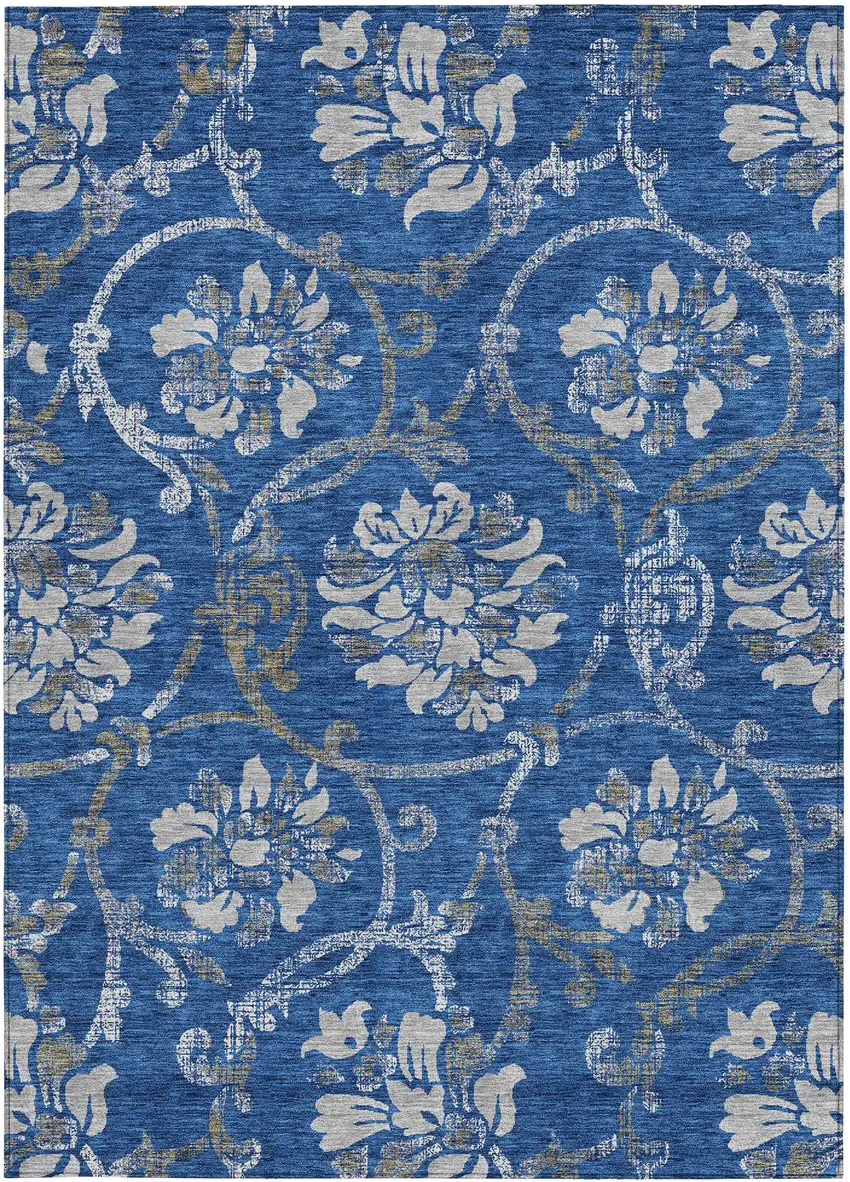 Navy Blue And Silver Floral Washable Indoor Outdoor Area Rug Photo 6