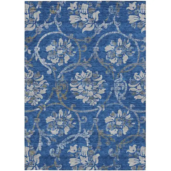Navy Blue And Silver Floral Washable Indoor Outdoor Area Rug Photo 6