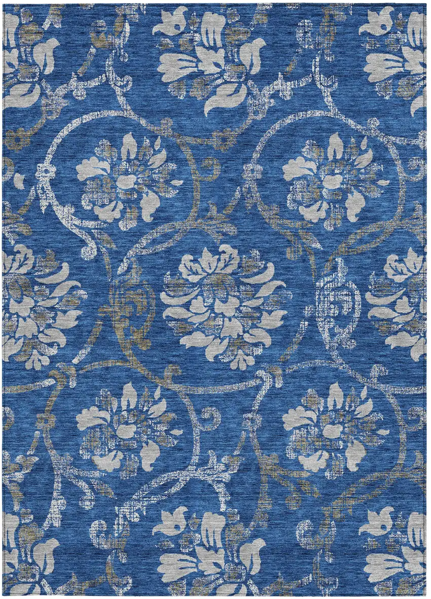 Navy Blue And Silver Floral Washable Indoor Outdoor Area Rug Photo 6