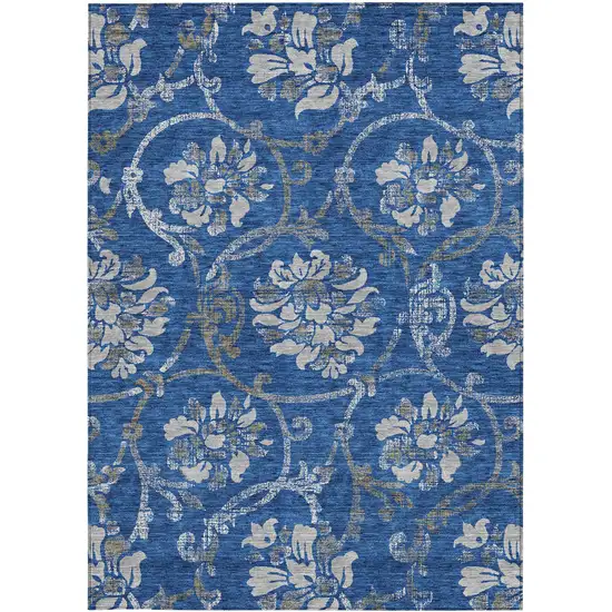 Navy Blue And Silver Floral Washable Indoor Outdoor Area Rug Photo 6