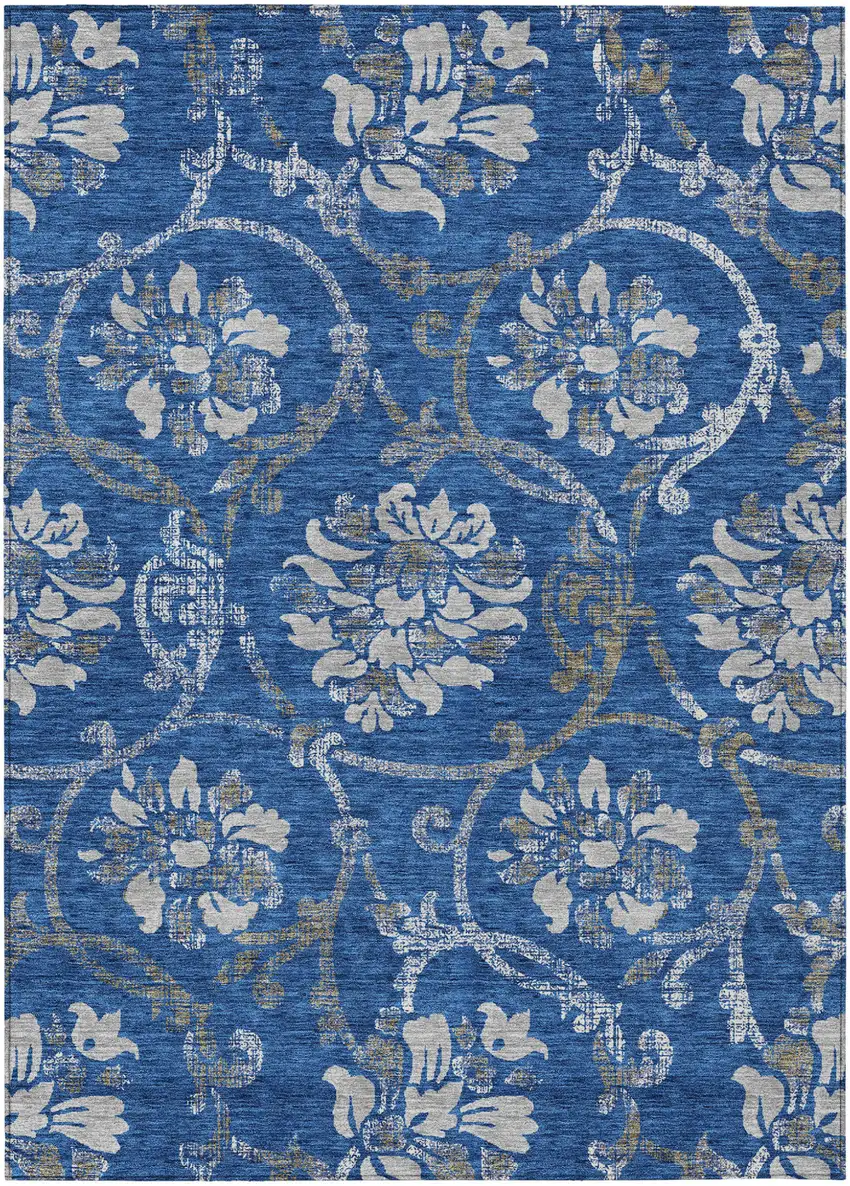 Navy Blue And Silver Floral Washable Indoor Outdoor Area Rug Photo 1