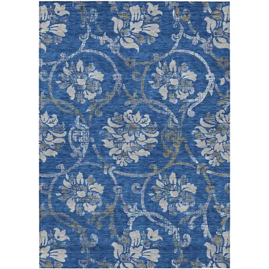 Navy Blue And Silver Floral Washable Indoor Outdoor Area Rug Photo 1
