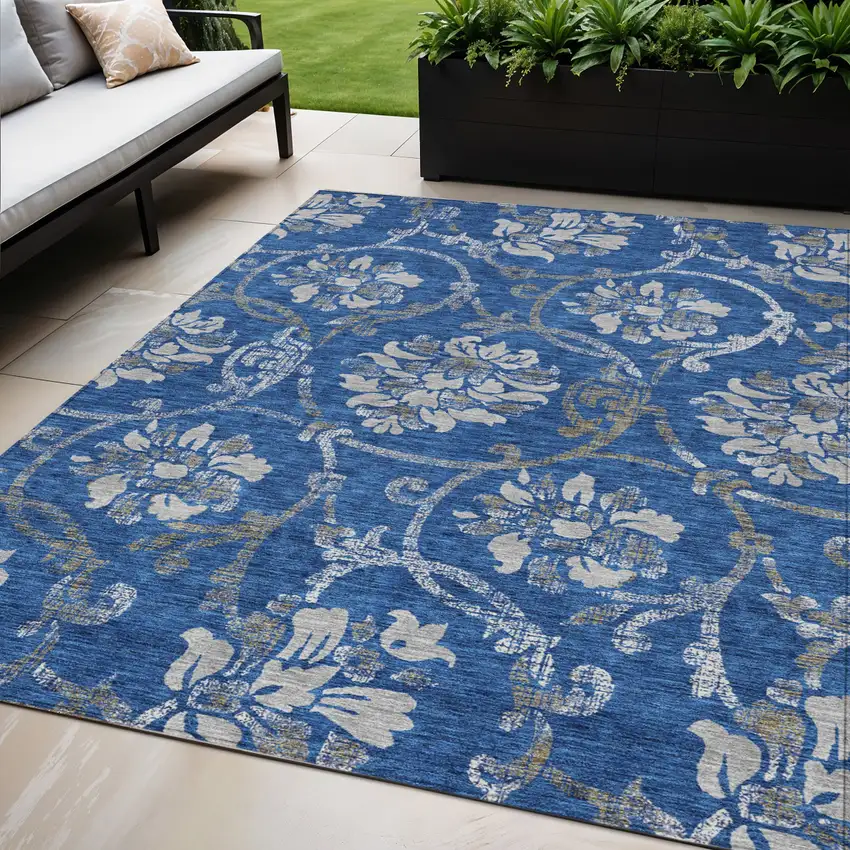 Navy Blue And Silver Floral Washable Indoor Outdoor Area Rug Photo 1