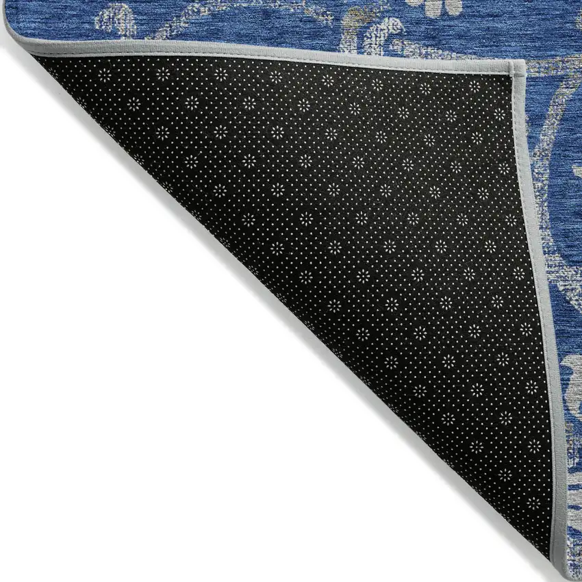 Navy Blue And Silver Floral Washable Indoor Outdoor Area Rug Photo 2
