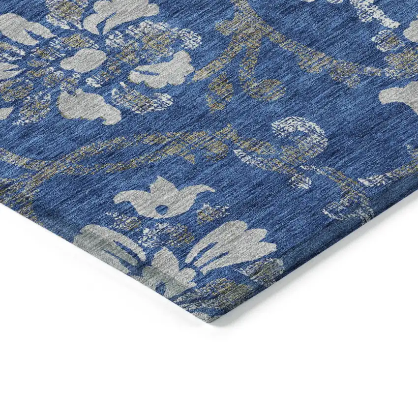 Navy Blue And Silver Floral Washable Indoor Outdoor Area Rug Photo 3