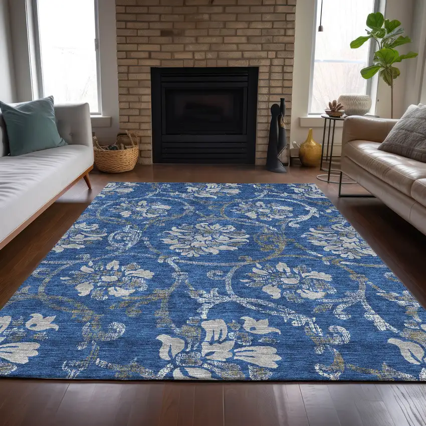 Navy Blue And Silver Floral Washable Indoor Outdoor Area Rug Photo 8