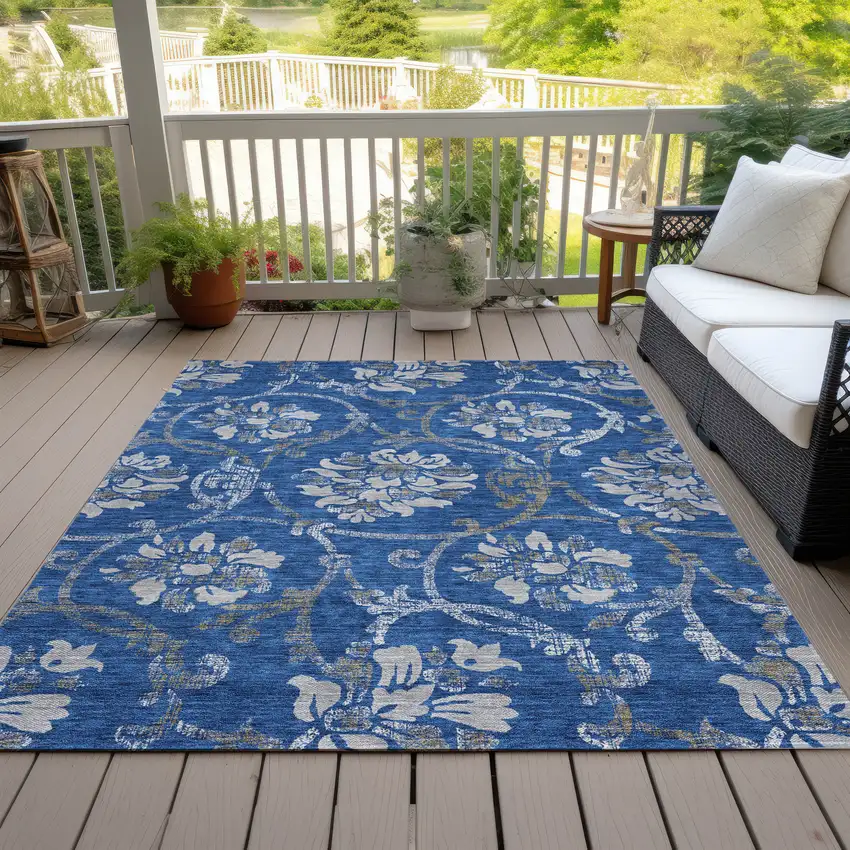Navy Blue And Silver Floral Washable Indoor Outdoor Area Rug Photo 7
