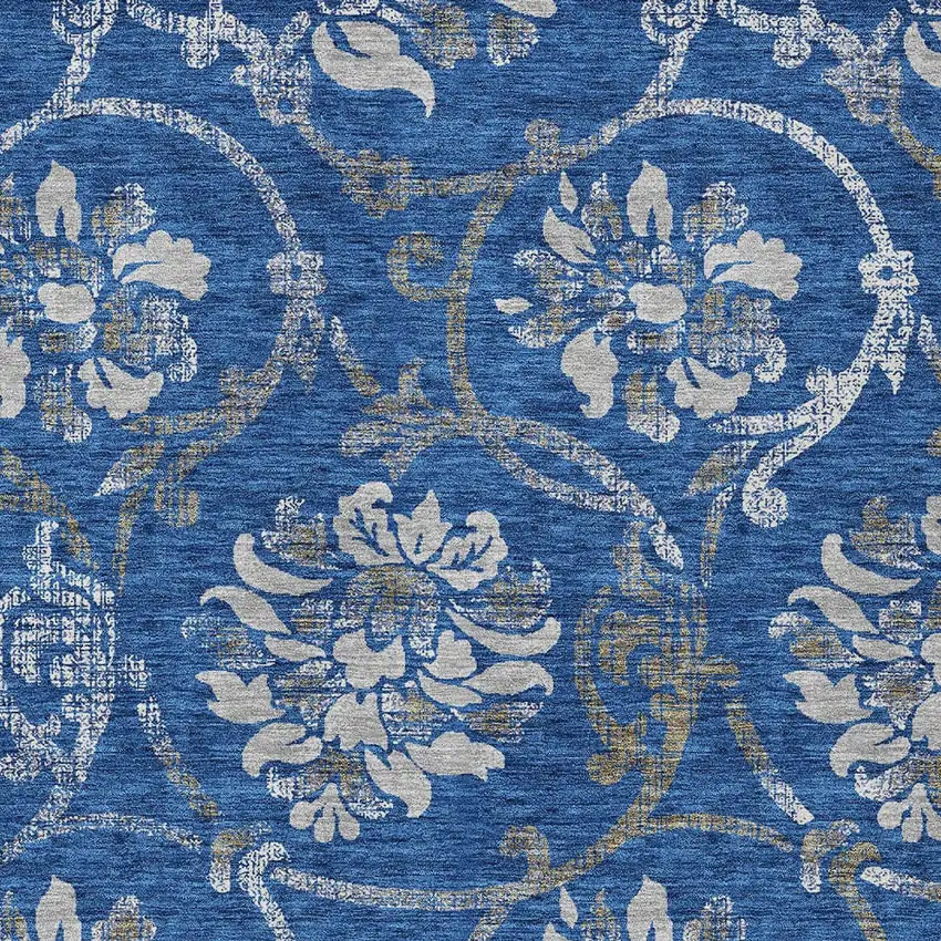 Navy Blue And Silver Floral Washable Indoor Outdoor Area Rug Photo 4