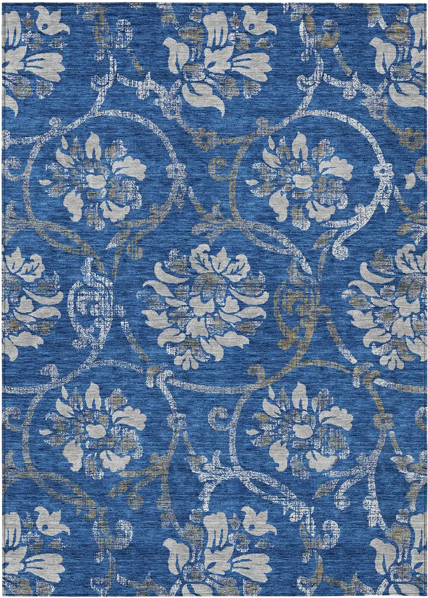 Navy Blue And Silver Floral Washable Indoor Outdoor Area Rug Photo 1