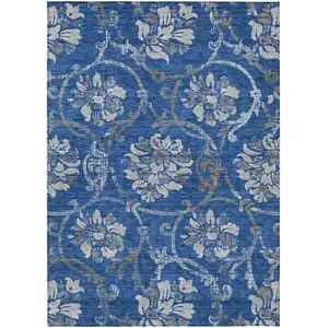 Photo of Navy Blue And Silver Floral Washable Indoor Outdoor Area Rug