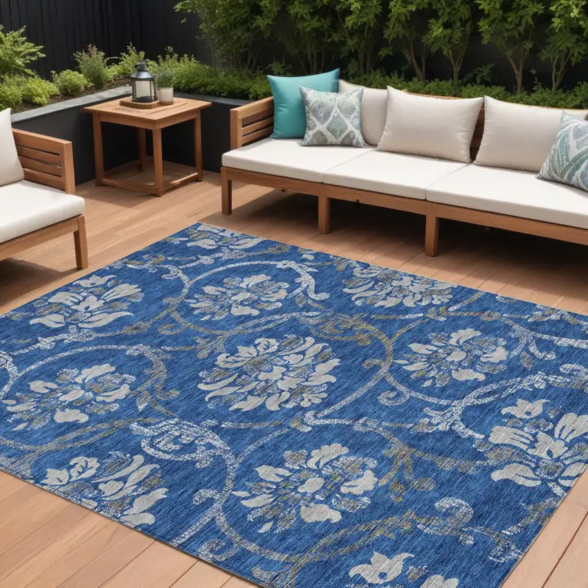 Navy Blue And Silver Floral Washable Indoor Outdoor Area Rug Photo 1