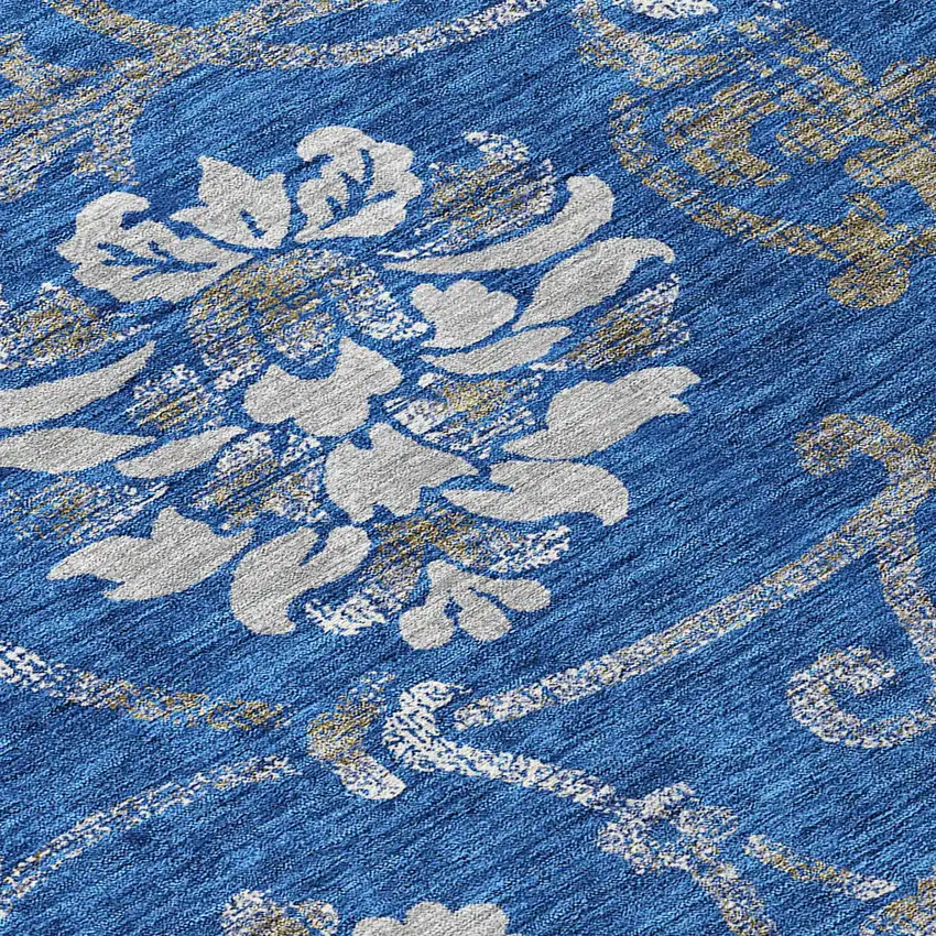 Navy Blue And Silver Floral Washable Indoor Outdoor Area Rug Photo 5