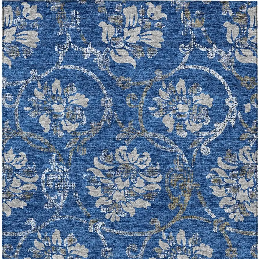 Navy Blue And Silver Floral Washable Indoor Outdoor Area Rug Photo 6