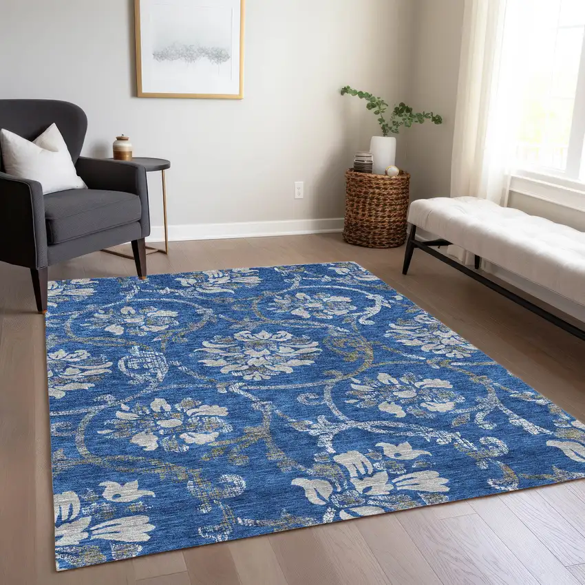 Navy Blue And Silver Floral Washable Indoor Outdoor Area Rug Photo 9