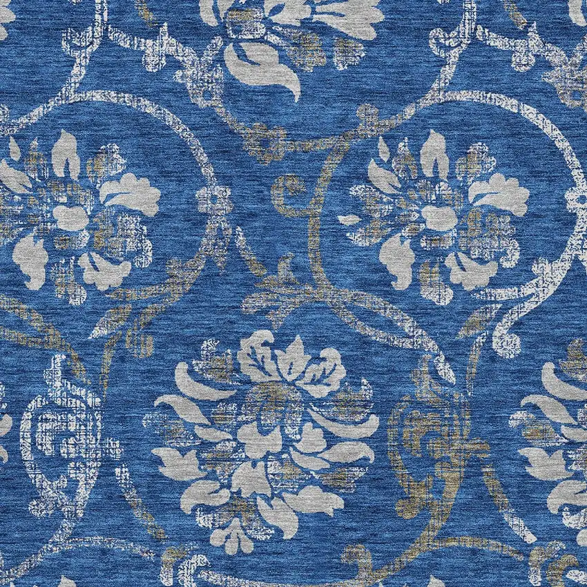 Navy Blue And Silver Floral Washable Indoor Outdoor Area Rug Photo 4
