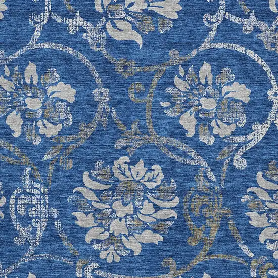 Navy Blue And Silver Floral Washable Indoor Outdoor Area Rug Photo 4