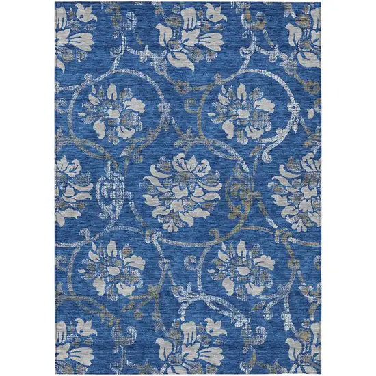 Navy Blue And Silver Floral Washable Indoor Outdoor Area Rug Photo 1