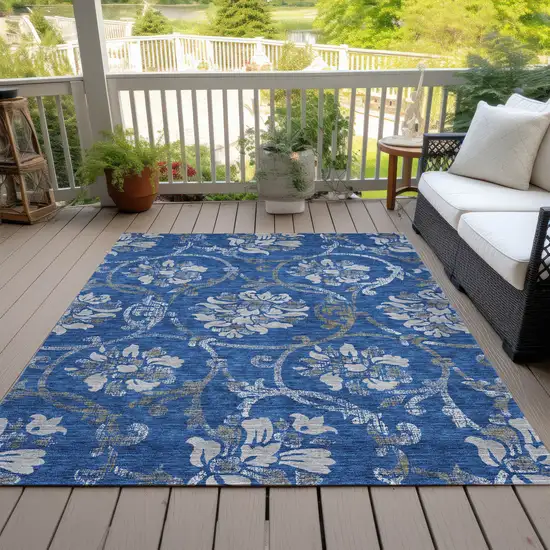 Navy Blue And Silver Floral Washable Indoor Outdoor Area Rug Photo 7