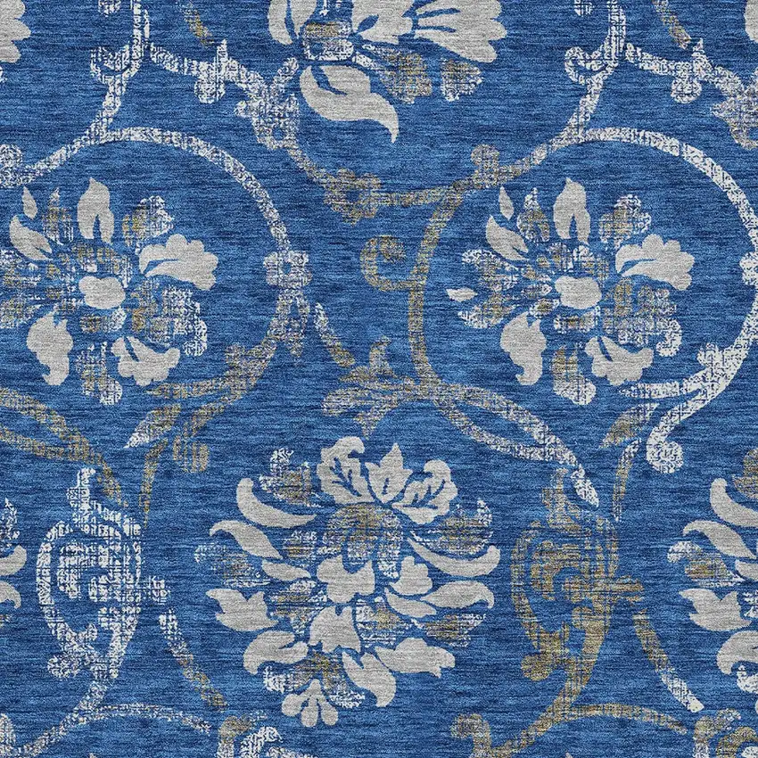Navy Blue And Silver Floral Washable Indoor Outdoor Area Rug Photo 4
