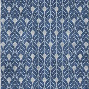 Photo of Navy Blue And Silver Geometric Washable Area Rug With UV Protection