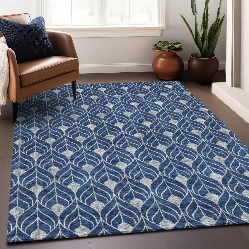 Navy Blue And Silver Geometric Washable Area Rug With UV Protection Photo 3