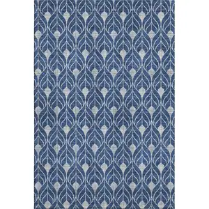 Photo of Navy Blue And Silver Geometric Washable Area Rug With UV Protection