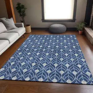Photo of Navy Blue And Silver Geometric Washable Area Rug With UV Protection