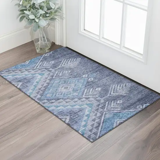 Navy Blue And Silver Geometric Washable Area Rug With UV Protection Photo 2