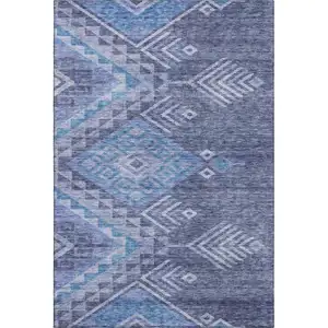 Photo of Navy Blue And Silver Geometric Washable Area Rug With UV Protection