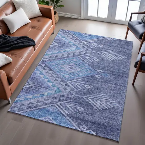 Navy Blue And Silver Geometric Washable Area Rug With UV Protection Photo 5