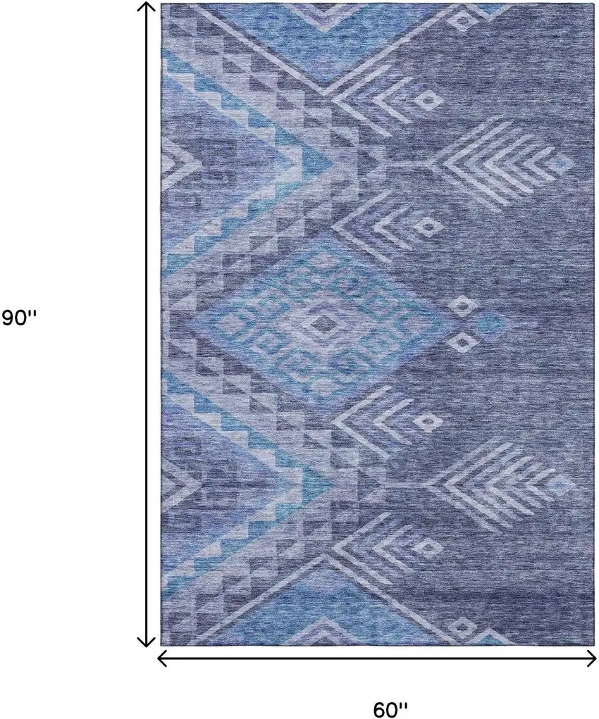 Navy Blue And Silver Geometric Washable Area Rug With UV Protection Photo 8