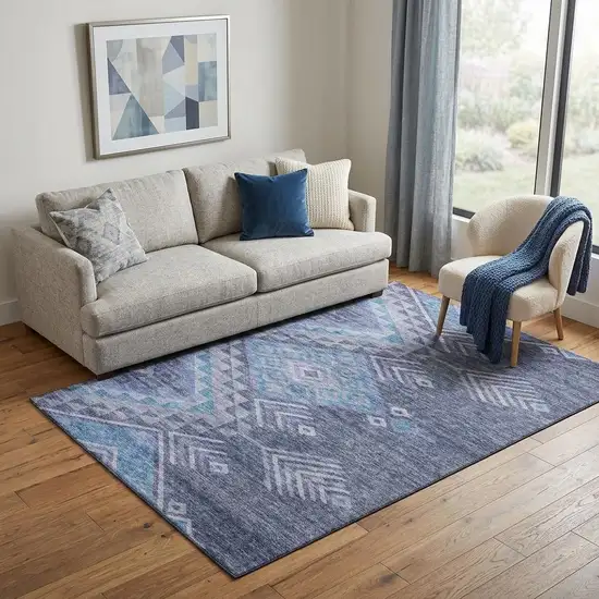 Navy Blue And Silver Geometric Washable Area Rug With UV Protection Photo 1